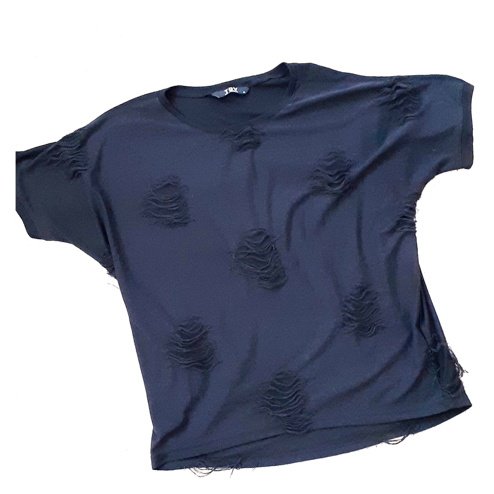 Tov Distressed Short-Sleeved Black Top